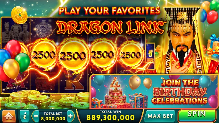 Главный вестибюль казино с выбором слотов Dragon Link и Buffalo, виртуальные монеты и джекпоты